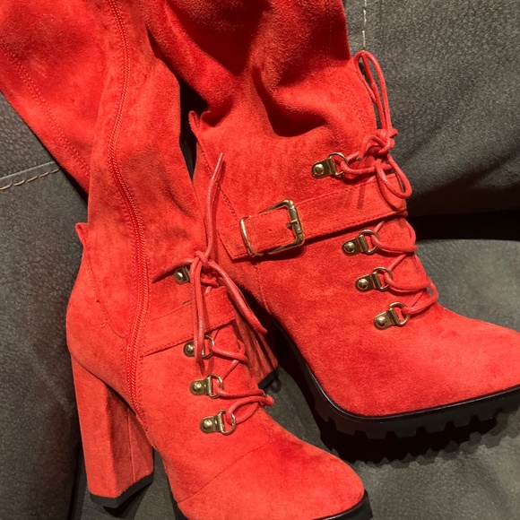 Thigh High Heeled Woman’s Red Suede Boots Size7 - Picture 2 of 12